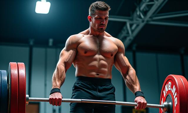 Powerful pose of Alexei Volkov, a male weightlifter performing a clean and jerk