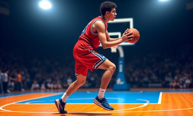 Action shot of David Ochoa, a powerful male basketball player mid-dunk