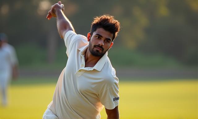 Close-up of Rishi Kumar, a male cricketer aiming for a bowl