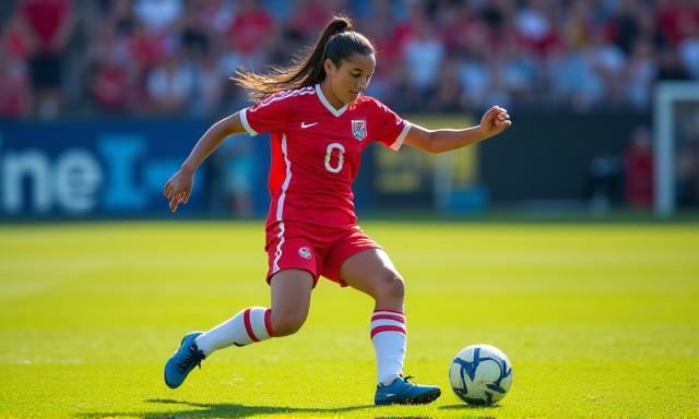 Dynamic shot of Sofia Pereira, a female soccer player dribbling the ball