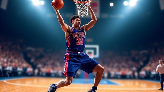 Basketball player performing a powerful dunk in a stadium