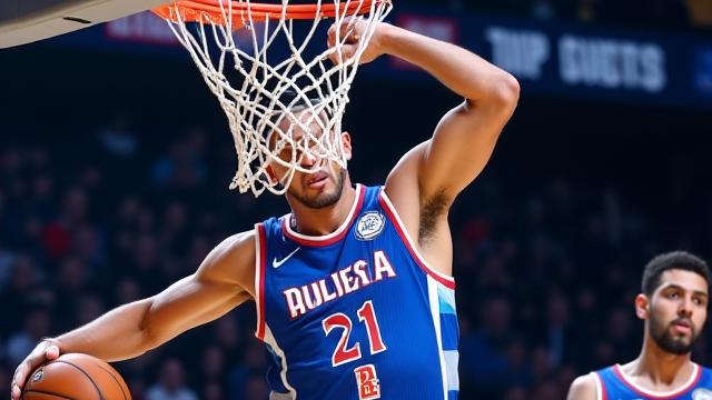 Basketball player mid-dunk