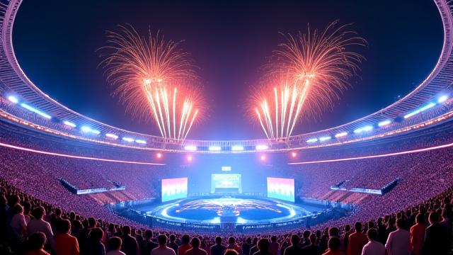 Spectacular opening ceremony for a major international sporting event with fireworks