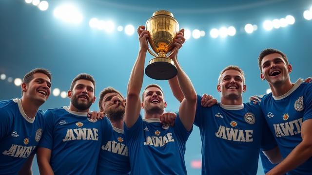 Football championship trophy being lifted by celebrating team