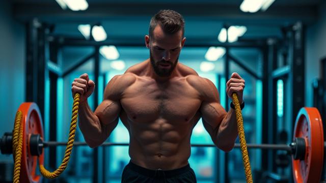Athlete performing intense strength training in a modern gym