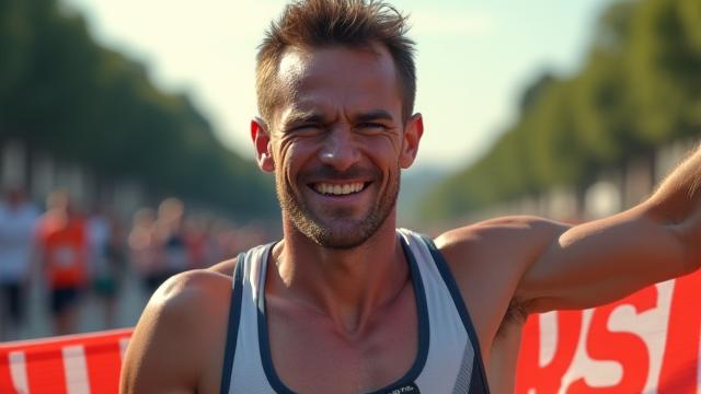 Marathon runner crossing finish line